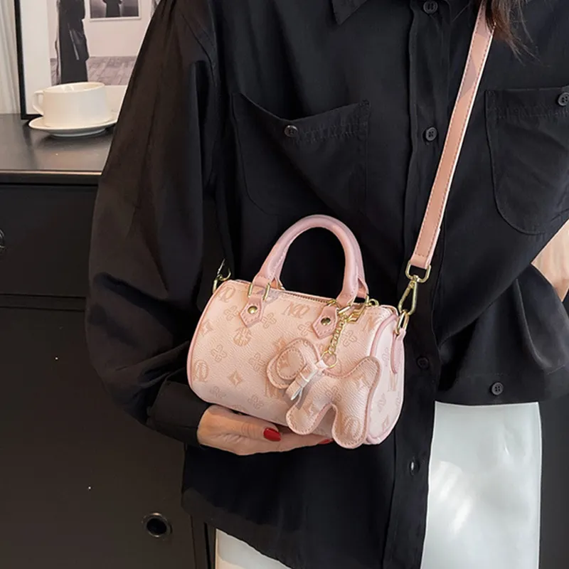 MARKANGARO Synthetic Leather Boston Bag Regular Unisex White/Dark Brown/Pink-7