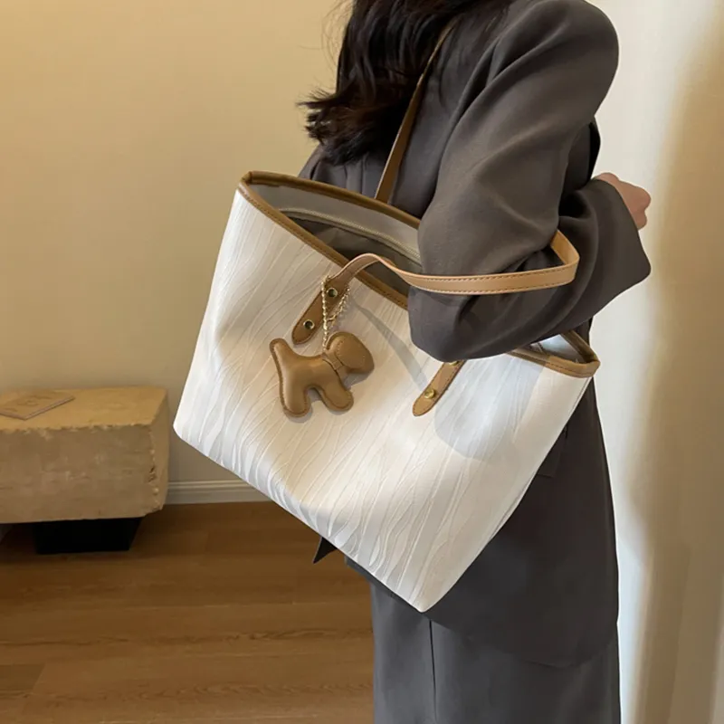 MARKANGARO PU Tote Bag Shoulder Bag Medium Size Unisex Black/White With Coffee/White With Khaki-8