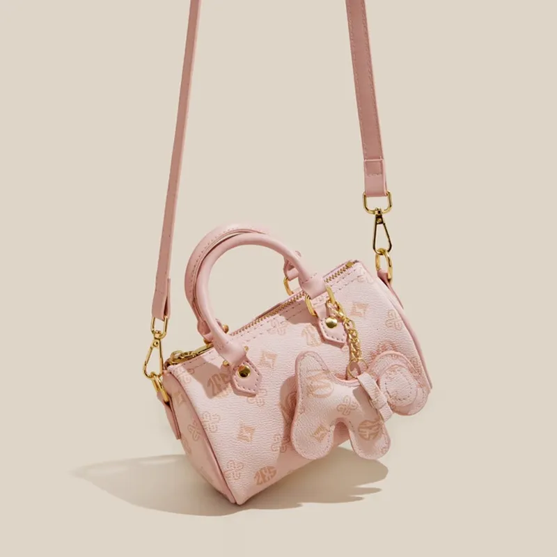 MARKANGARO Synthetic Leather Boston Bag Regular Unisex White/Dark Brown/Pink-5