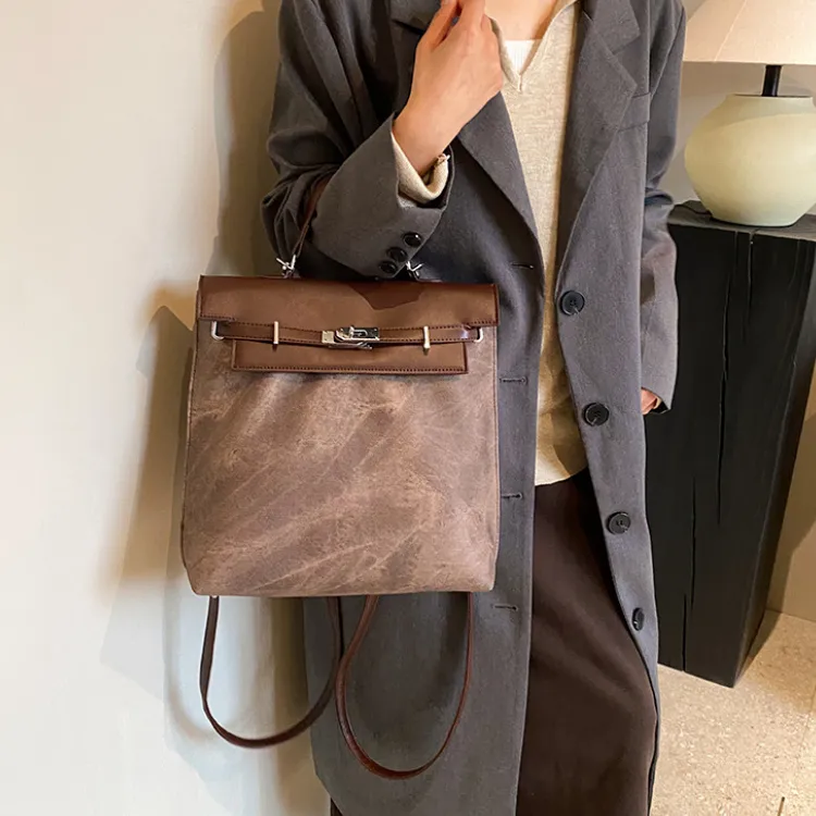 MARKANGARO PU Kelly Bag Handbag Backpack Large Size Women's Coffee/Blue/Mud-3
