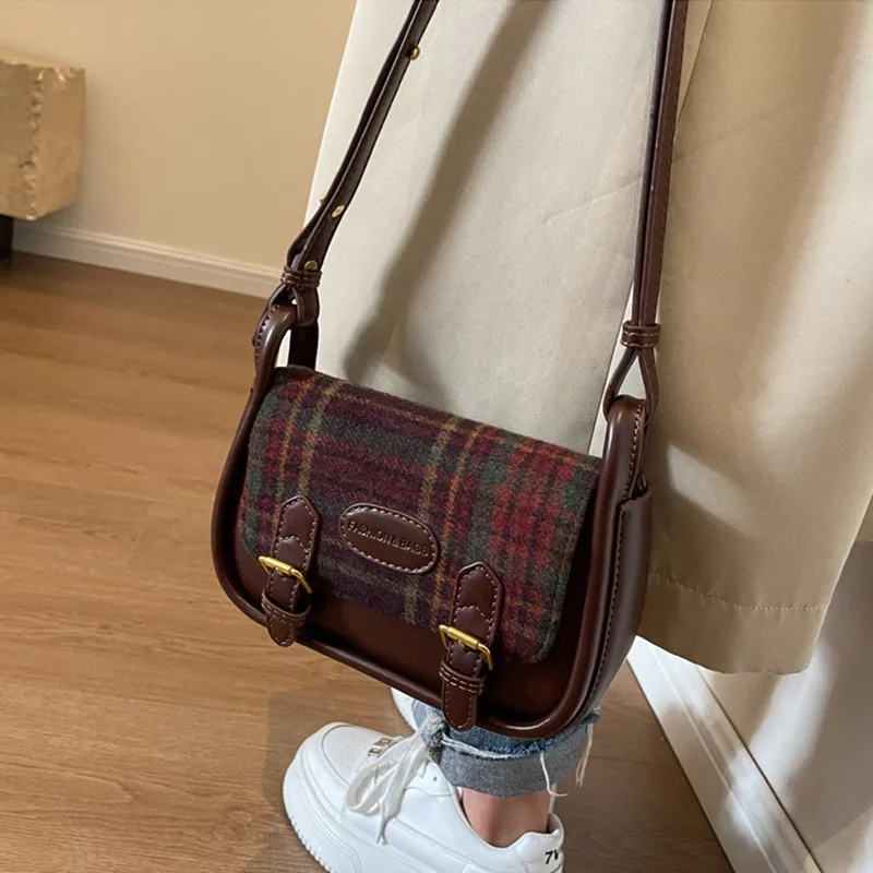 MARKANGARO Woolen Small Square Bag Shoulder Bag Crossbody Bag Regular Women's Red Plaid/Brown Plaid/Green Plaid-2