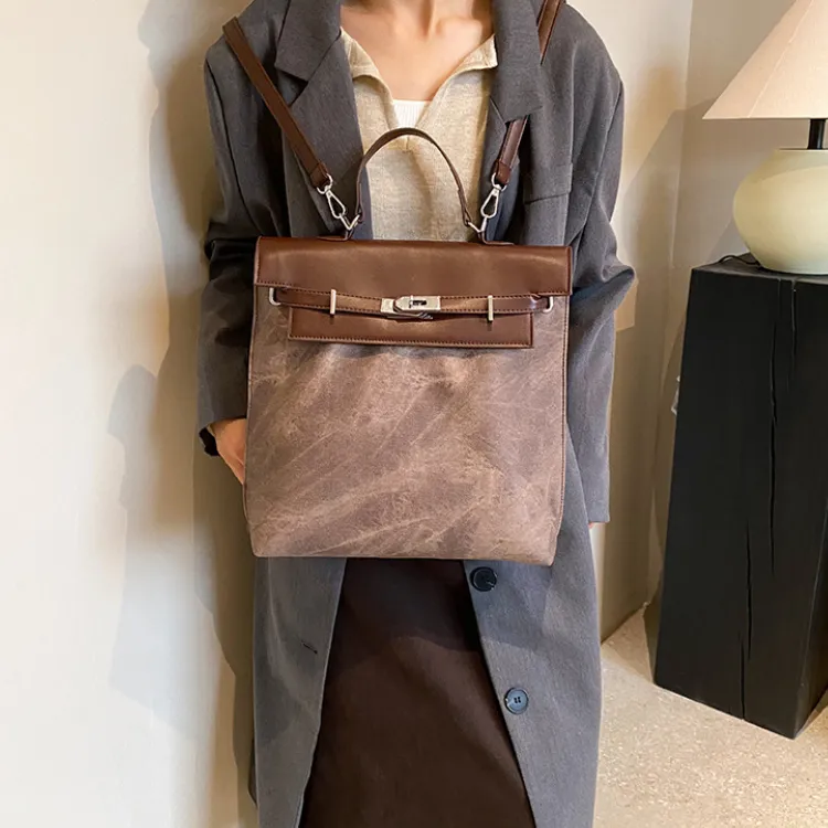 MARKANGARO PU Kelly Bag Handbag Backpack Large Size Women's Coffee/Blue/Mud-7
