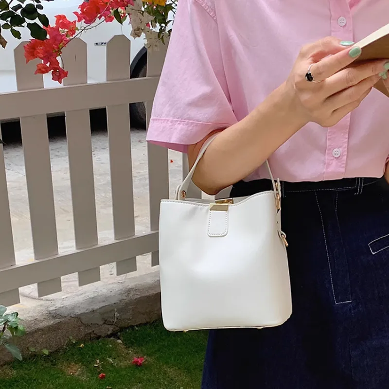 MARKANGARO PU Bucket Bag, Shoulder Bag, Crossbody Bag, Handbag Medium Size Women's Black/White/Pink-4