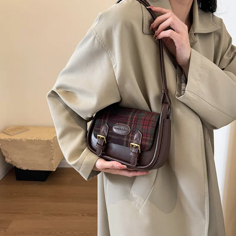 MARKANGARO Woolen Small Square Bag Shoulder Bag Crossbody Bag Regular Women's Red Plaid/Brown Plaid/Green Plaid-5