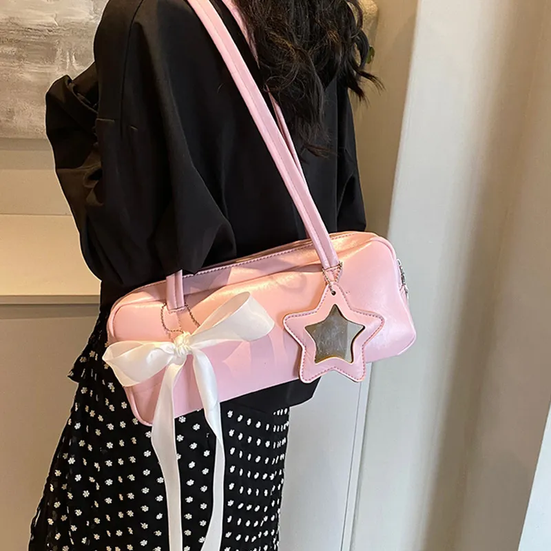 MARKANGARO Synthetic Leather Bowling Bag Shoulder Bag Women's Black/White/Pink-14
