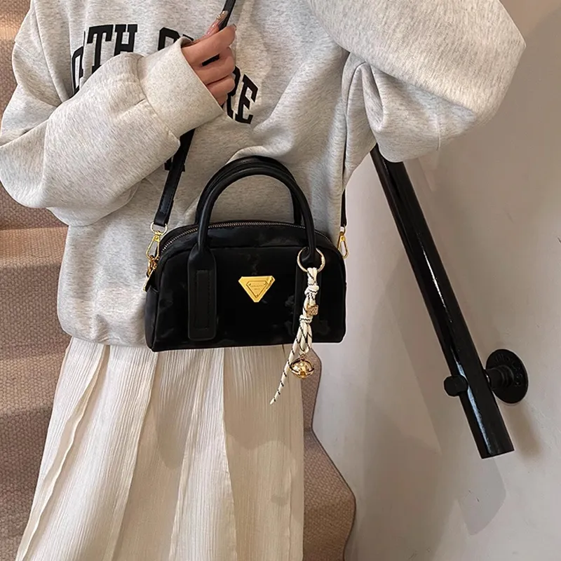 MARKANGARO Synthetic Leather Boston Bag Shoulder Bag Handbag Women's Obsidian Black/Peach Pink/Cream White-4