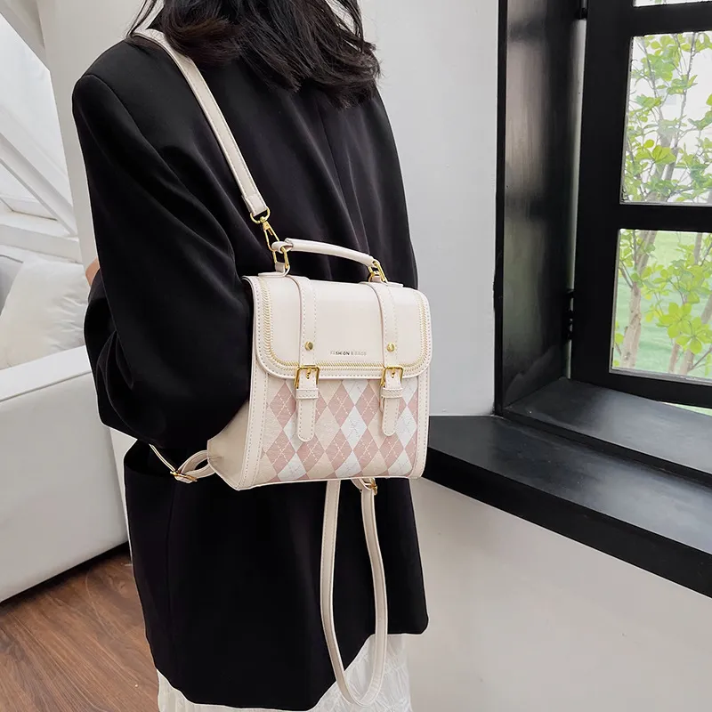 MARKANGARO PU Small Square Bag One Shoulder Crossbody Double-Shoulder Handbag Medium Size Women's Ecru/Brown/Black-2