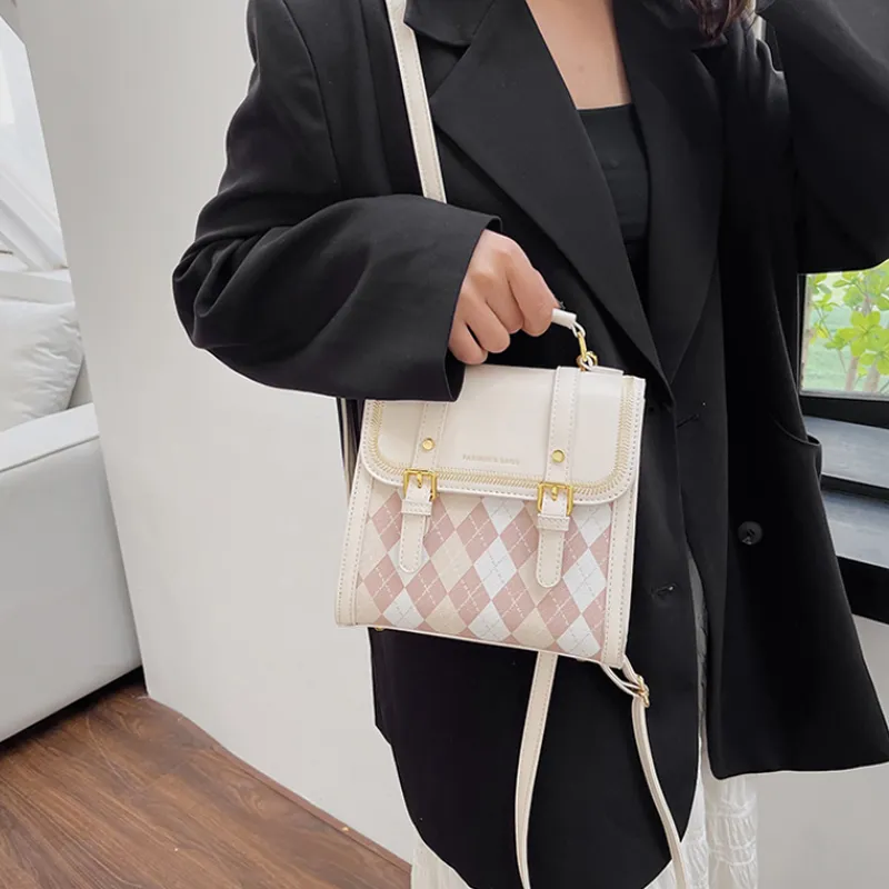 MARKANGARO PU Small Square Bag One Shoulder Crossbody Double-Shoulder Handbag Medium Size Women's Ecru/Brown/Black-5