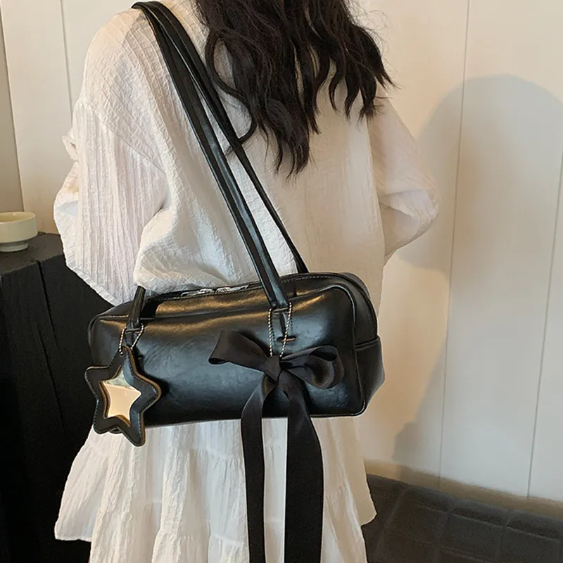 MARKANGARO Synthetic Leather Bowling Bag Shoulder Bag Women's Black/White/Pink-4