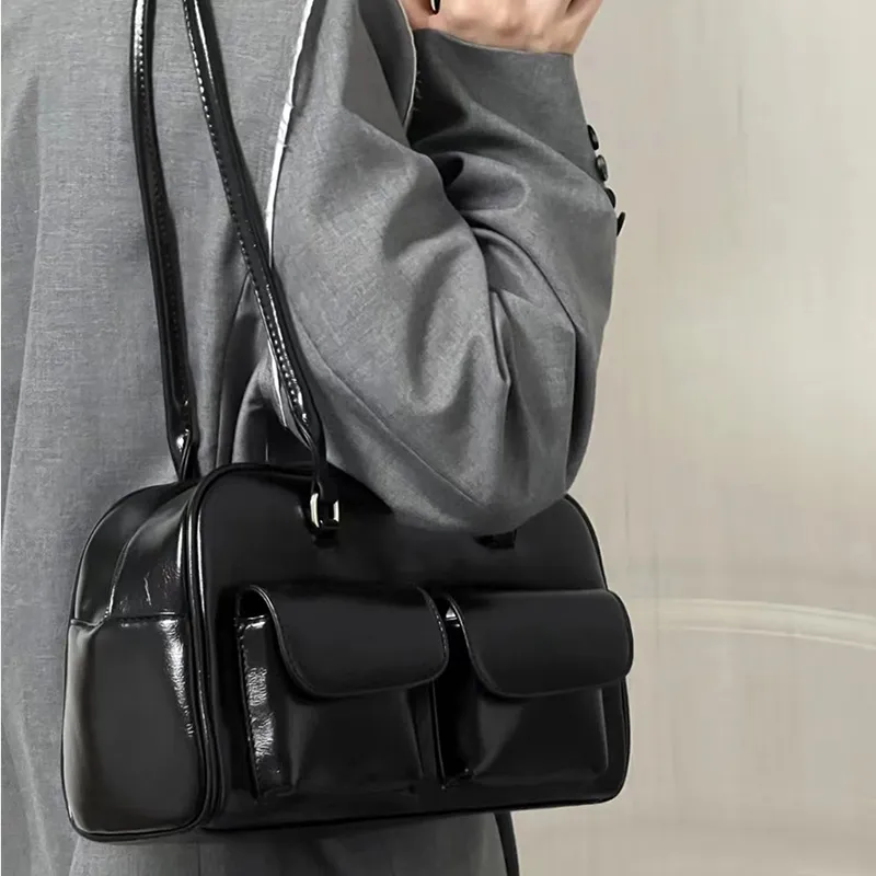 MARKANGARO PU Bowling Bag Shoulder Bag Medium Size Unisex Obsidian Black Red/Ecru-5
