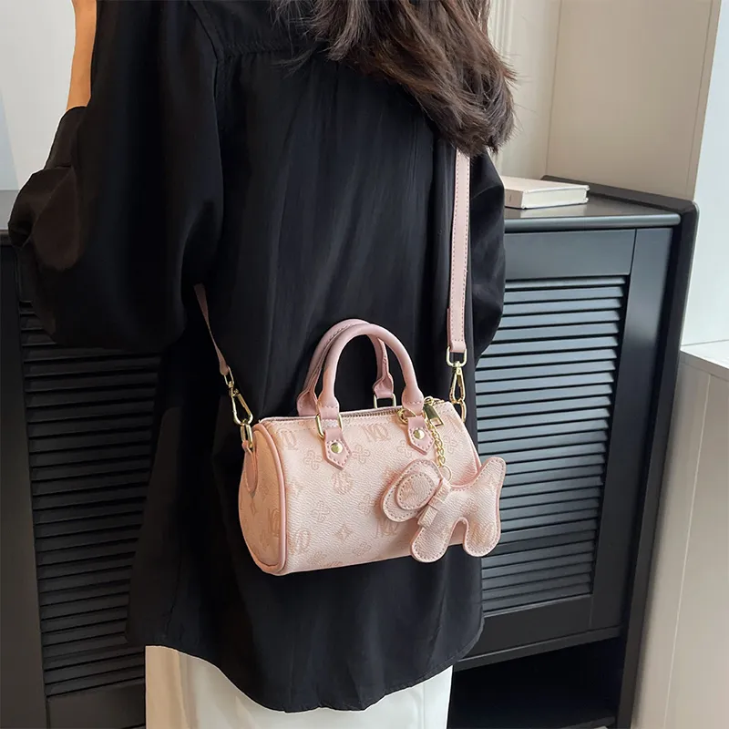MARKANGARO Synthetic Leather Boston Bag Regular Unisex White/Dark Brown/Pink-6