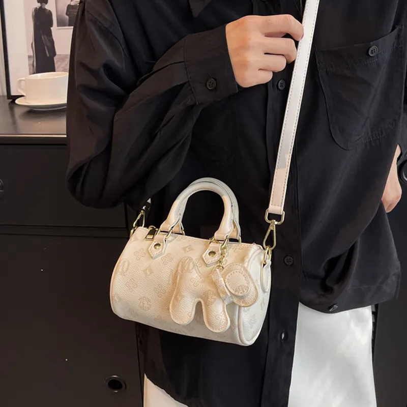 MARKANGARO Synthetic Leather Boston Bag Regular Unisex White/Dark Brown/Pink-17