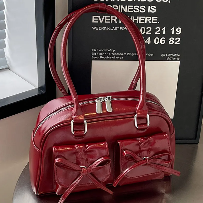 MARKANGARO PU Bowling Bag Shoulder Bag Medium Size Unisex Obsidian Black Red/Ecru-13