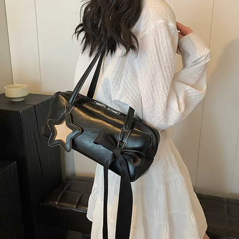 MARKANGARO Synthetic Leather Bowling Bag Shoulder Bag Women's Black/White/Pink-6