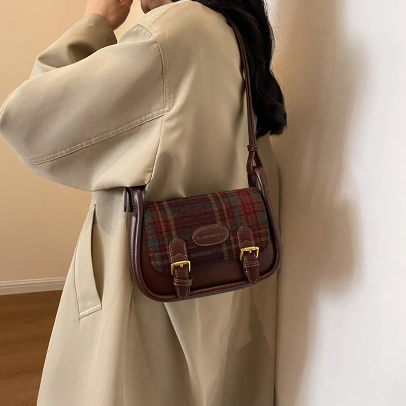 MARKANGARO Woolen Small Square Bag Shoulder Bag Crossbody Bag Regular Women's Red Plaid/Brown Plaid/Green Plaid-6