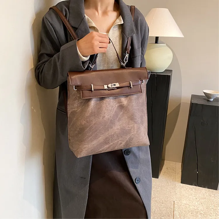 MARKANGARO PU Kelly Bag Handbag Backpack Large Size Women's Coffee/Blue/Mud-8