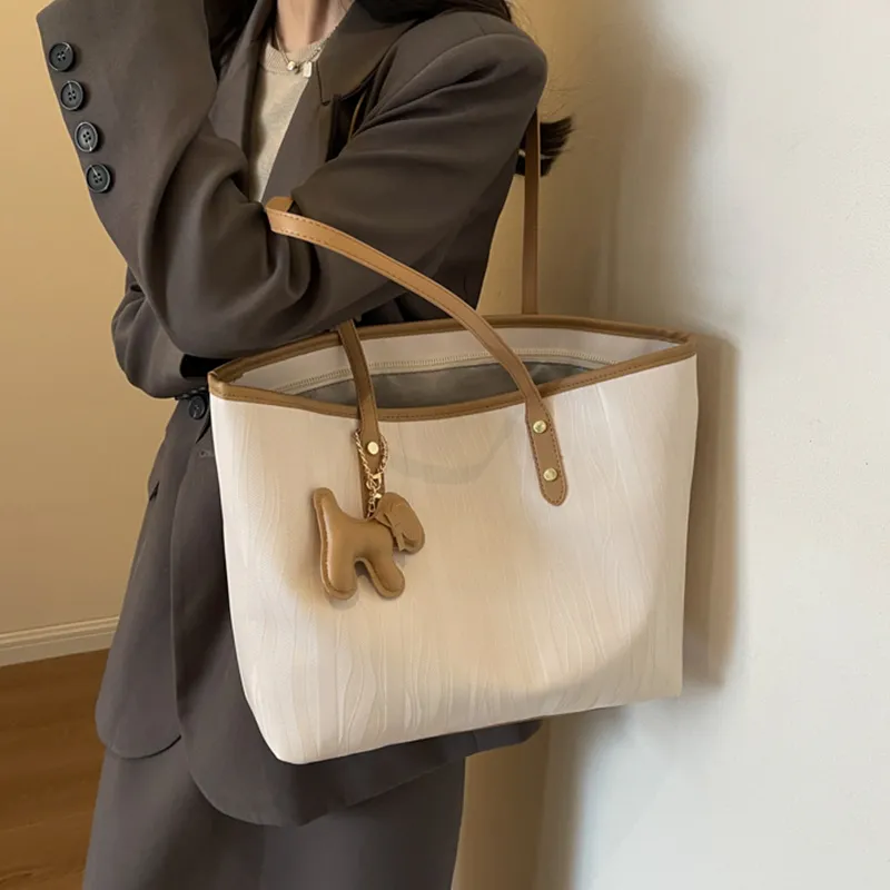 MARKANGARO PU Tote Bag Shoulder Bag Medium Size Unisex Black/White With Coffee/White With Khaki-7