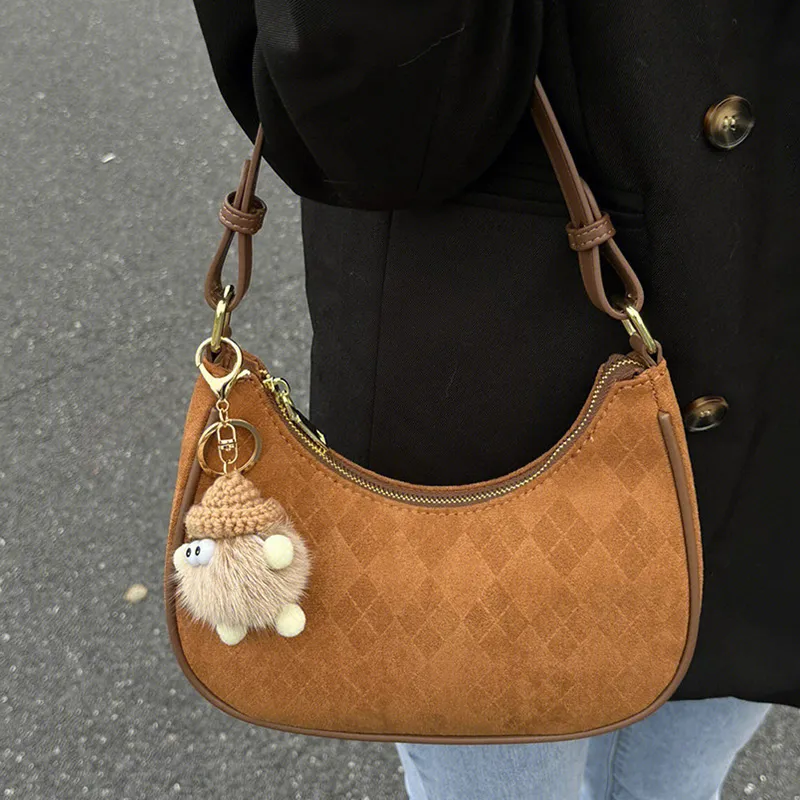 MARKANGARO PU Shoulder Bag Regular Women's Phabet Pink/Dark Brown With Plush Toy-2