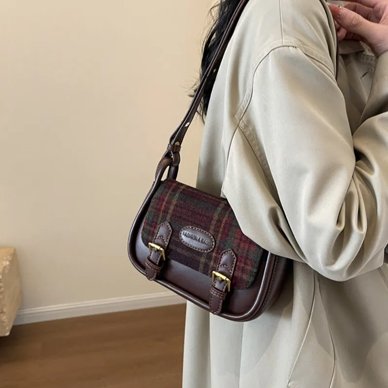 MARKANGARO Woolen Small Square Bag Shoulder Bag Crossbody Bag Regular Women's Red Plaid/Brown Plaid/Green Plaid-7