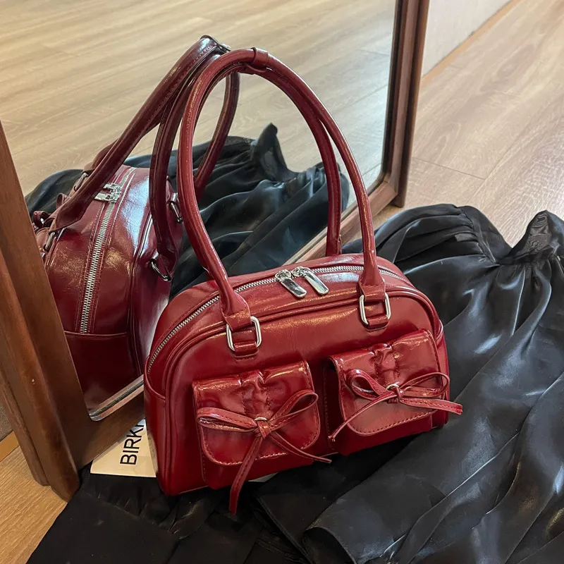 MARKANGARO PU Bowling Bag Shoulder Bag Medium Size Unisex Obsidian Black Red/Ecru-15