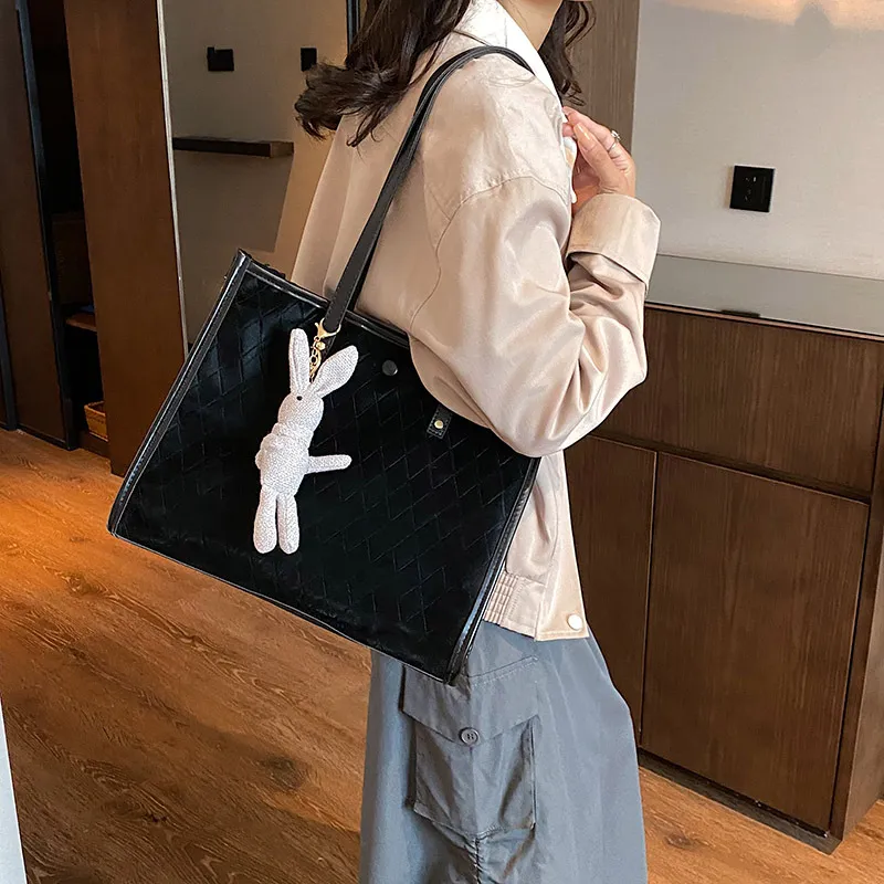 MARKANGARO PU Tote Bag, Shoulder Bag Medium Size Women's Black/White-2