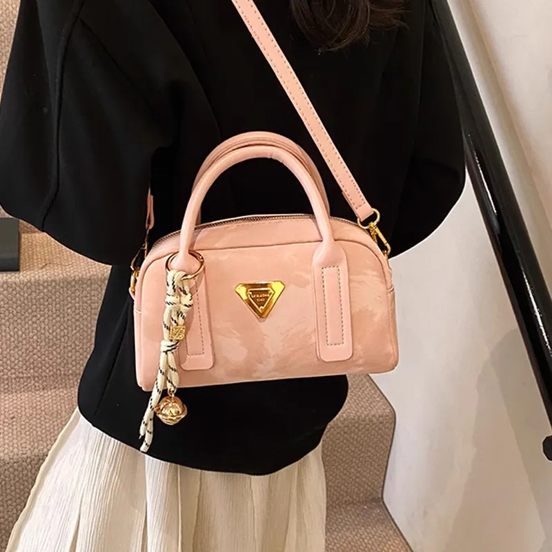 MARKANGARO Synthetic Leather Boston Bag Shoulder Bag Handbag Women's Obsidian Black/Peach Pink/Cream White-9