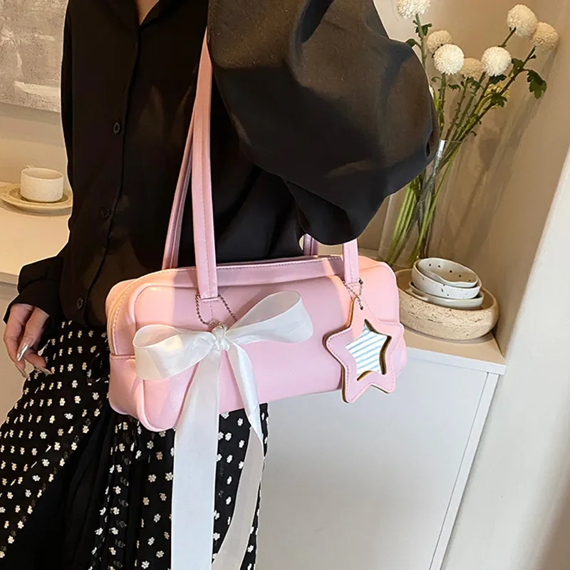MARKANGARO Synthetic Leather Bowling Bag Shoulder Bag Women's Black/White/Pink-17