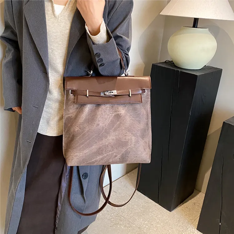 MARKANGARO PU Kelly Bag Handbag Backpack Large Size Women's Coffee/Blue/Mud-2