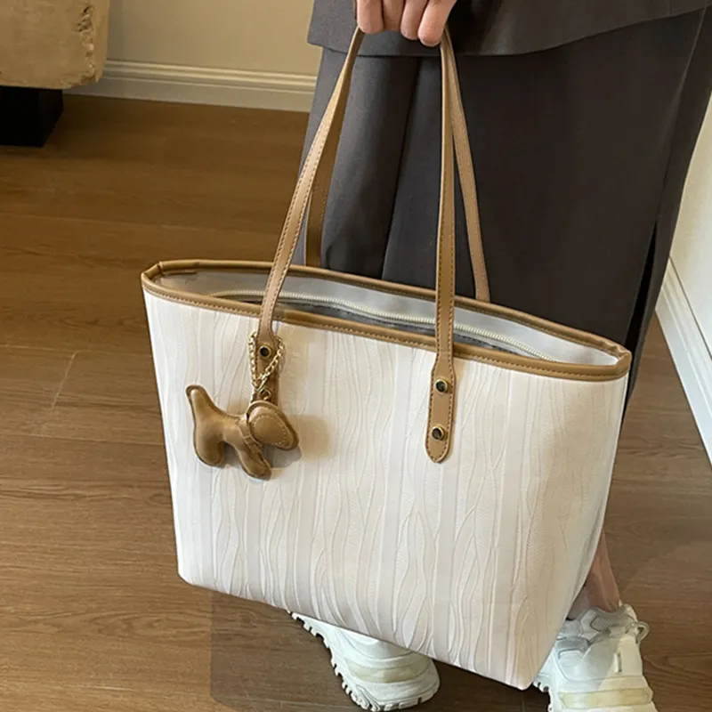 MARKANGARO PU Tote Bag Shoulder Bag Medium Size Unisex Black/White With Coffee/White With Khaki-9