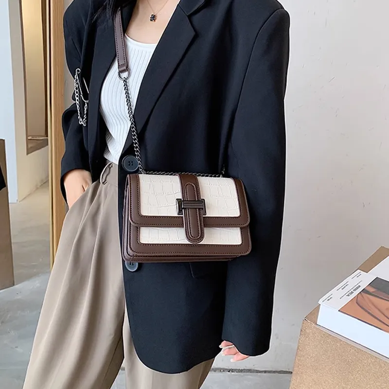 MARKANGARO PU Small Square Bag Shoulder Bag Crossbody Bag Handbag Regular Unisex Ecru/Black/Khaki-24