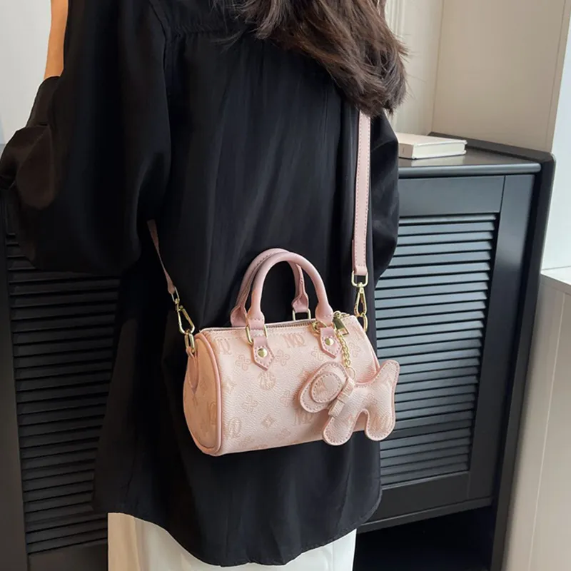 MARKANGARO Synthetic Leather Boston Bag Regular Unisex White/Dark Brown/Pink-9