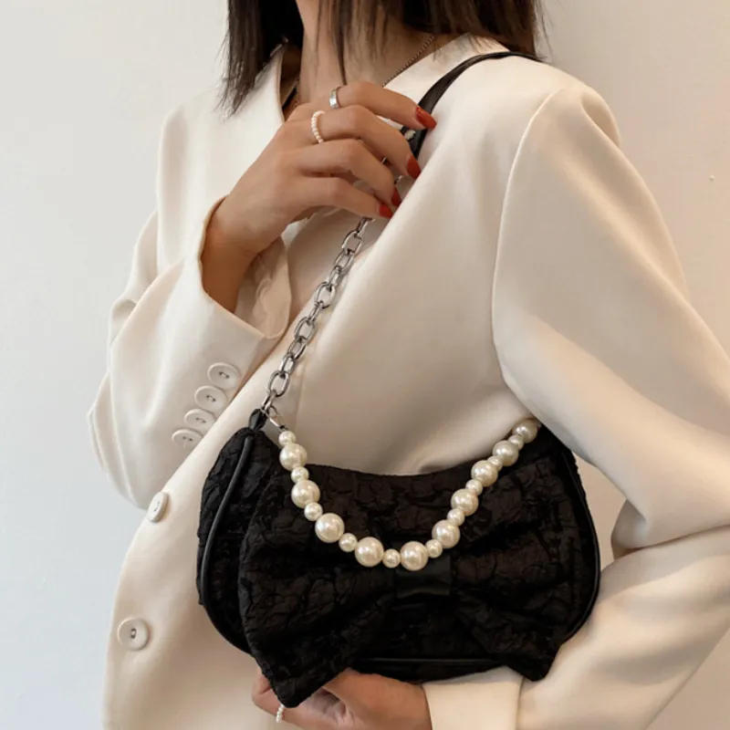 MARKANGARO Canvas With Fabric Underarm Handbag, Shoulder Bag Women's White/Black-1