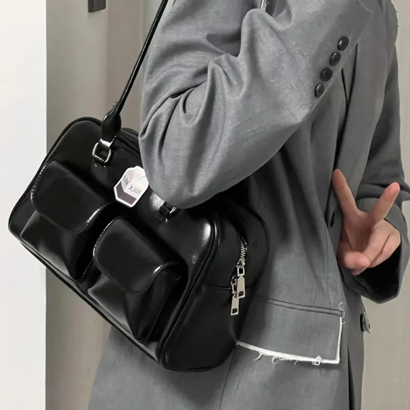 MARKANGARO PU Bowling Bag Shoulder Bag Medium Size Unisex Obsidian Black Red/Ecru-4