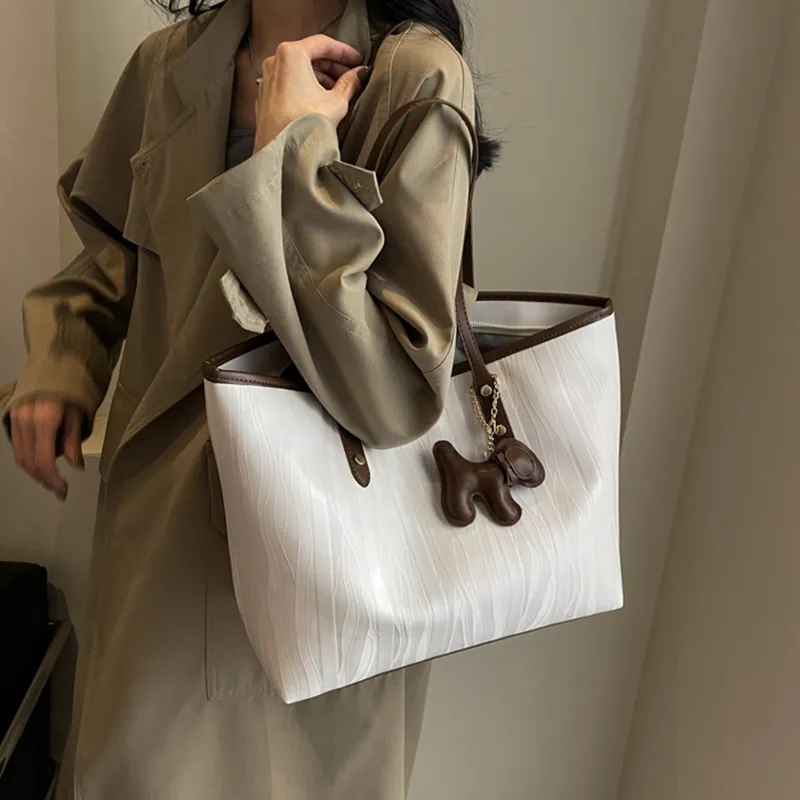 MARKANGARO PU Tote Bag Shoulder Bag Medium Size Unisex Black/White With Coffee/White With Khaki-2
