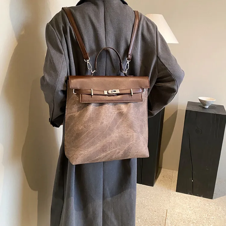 MARKANGARO PU Kelly Bag Handbag Backpack Large Size Women's Coffee/Blue/Mud-6