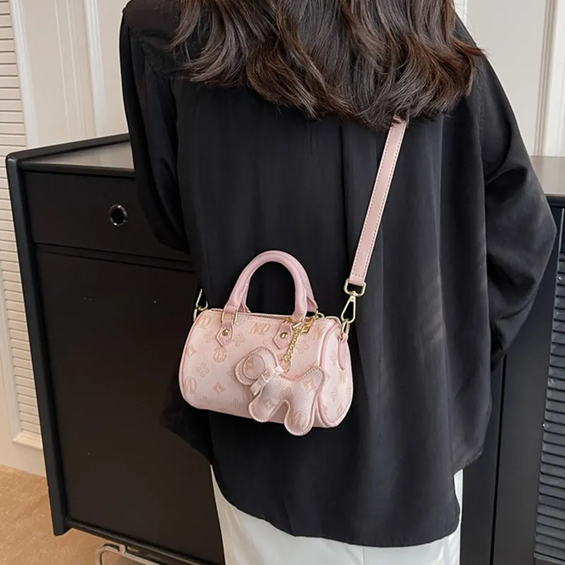 MARKANGARO Synthetic Leather Boston Bag Regular Unisex White/Dark Brown/Pink-8