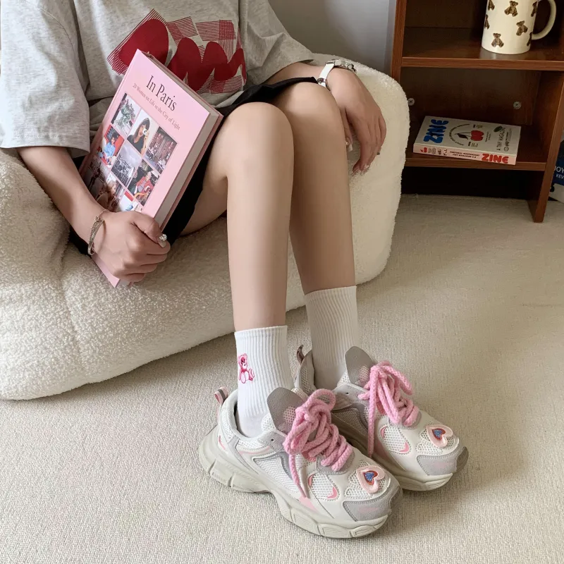 Daying Breathable Height Increase Low Top Chunky Sneakers Women's Pink-4