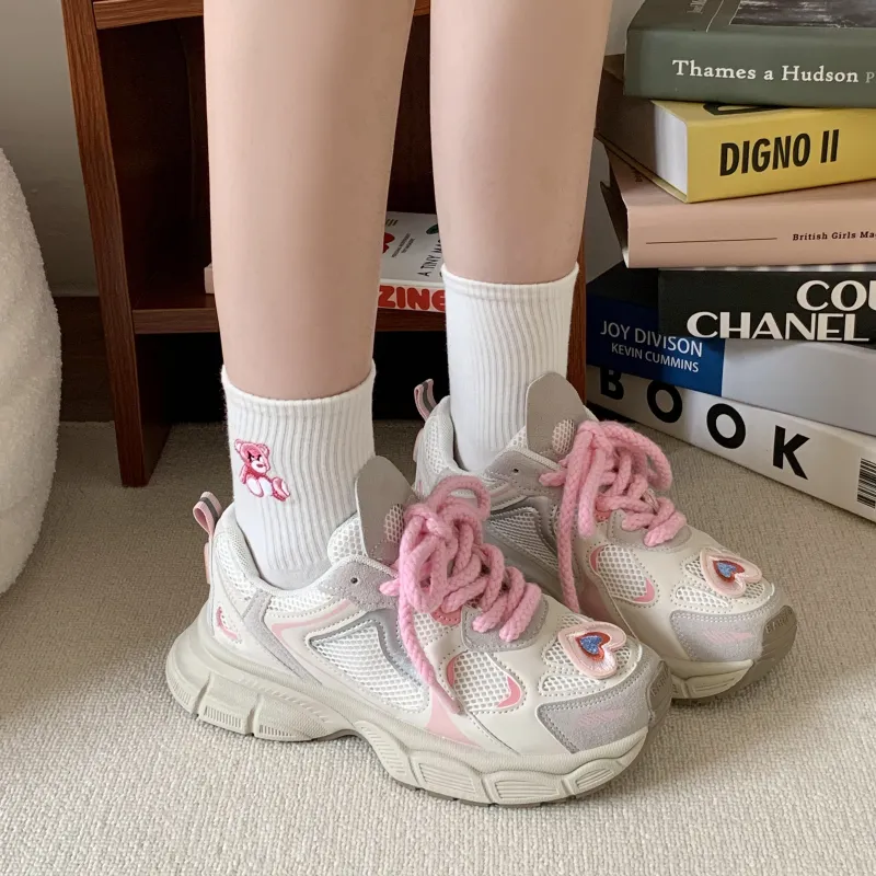 Daying Breathable Height Increase Low Top Chunky Sneakers Women's Pink-2