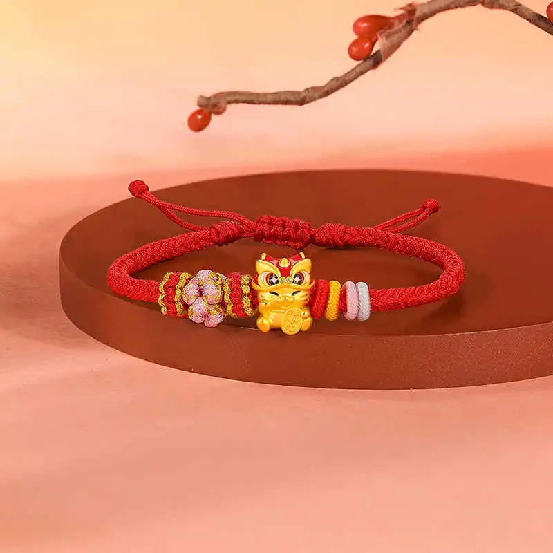 Avani Waking Lion Lucky Cat Hand Rope Red String Woven #Good Luck 999 Solid Gold Priced In Gram Gold Bracelet Women's-2