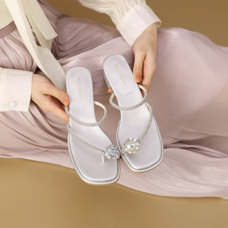 Mulinsen Rhinestone Abrasion Resistant Slip Resistant Flip Flops Women's-1