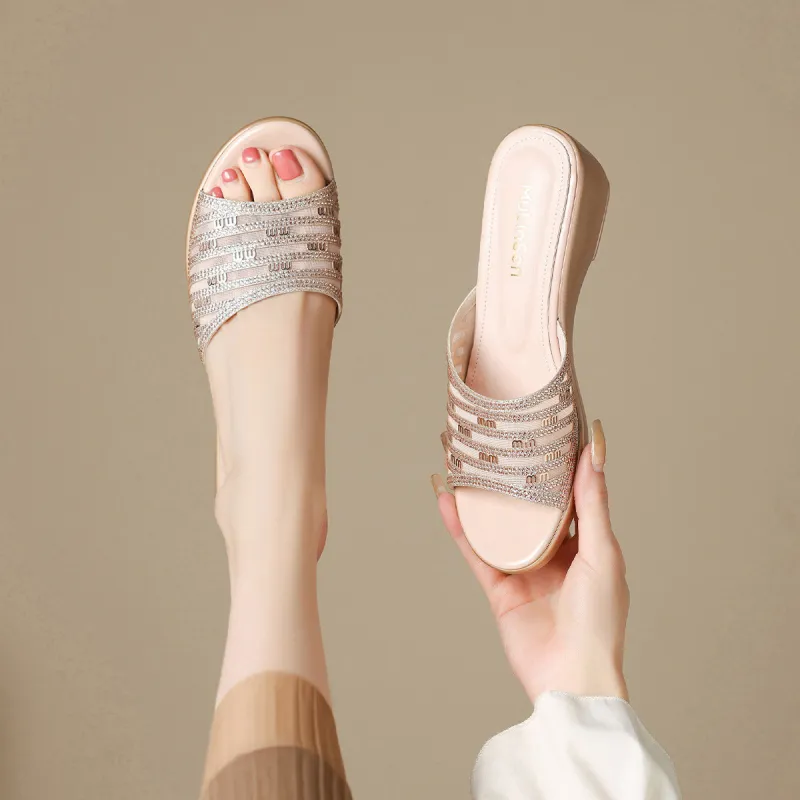 Mulinsen Stitching Embroidery Cut Out Rhinestone Abrasion Resistant Slide Slippers Women's-2