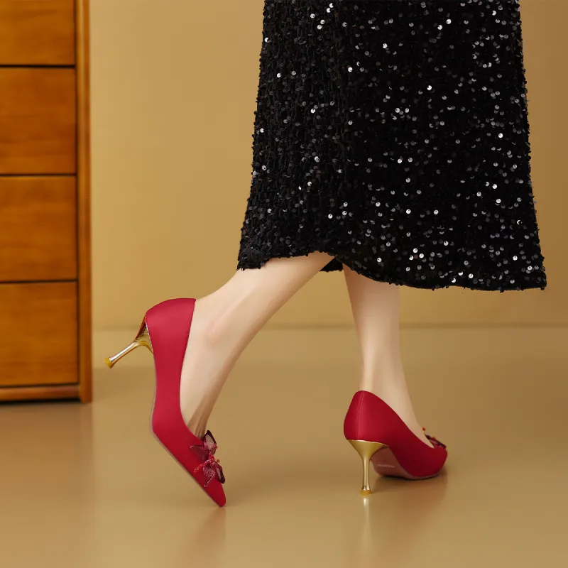 Mulinsen Slim Heel High Heels 7.3CM Women's Red-4
