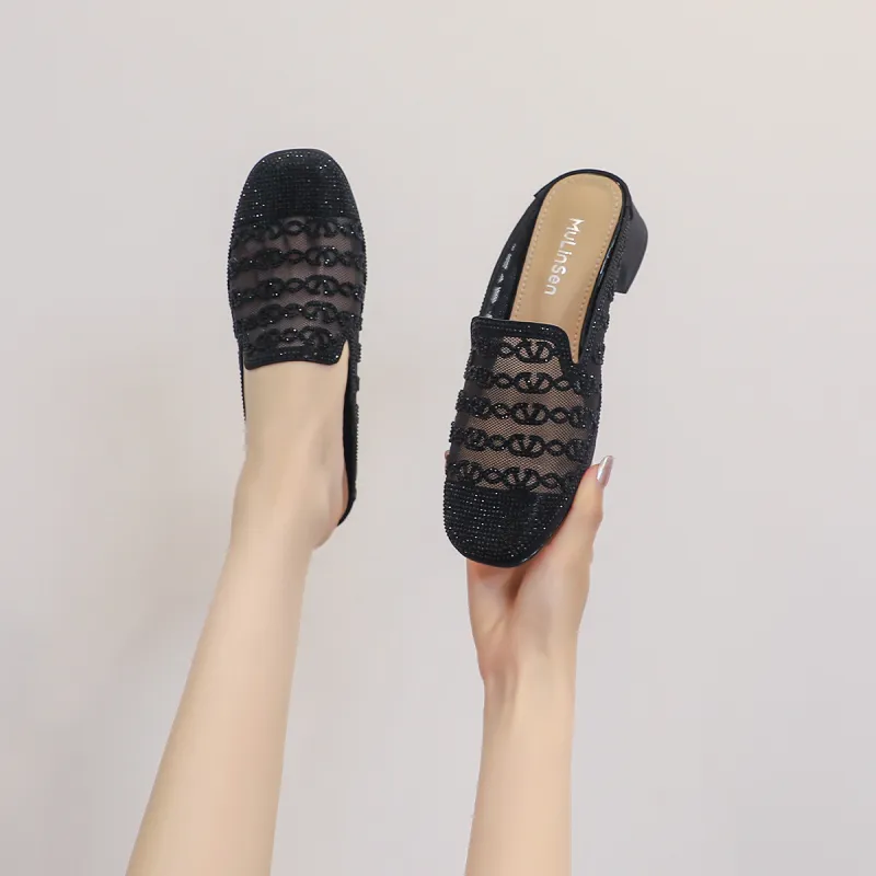 Mulinsen Rubber Sole Rhinestone Wrap toe Slippers Women's-9