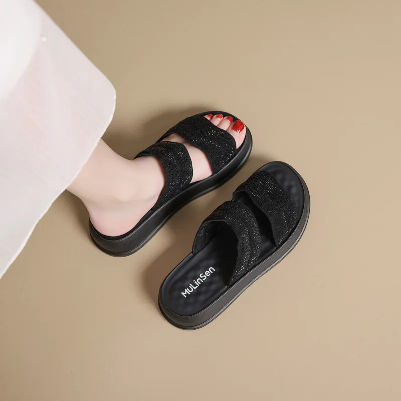 Mulinsen Stitching Rhinestone Abrasion Resistant Slide Slippers Women's-11