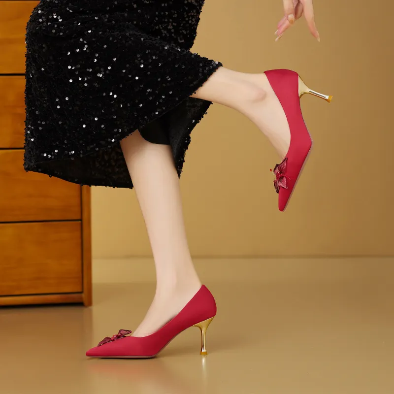 Mulinsen Slim Heel High Heels 7.3CM Women's Red-1