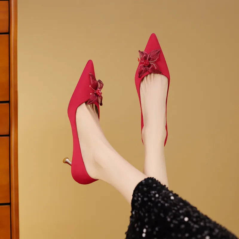 Mulinsen Slim Heel High Heels 7.3CM Women's Red-2