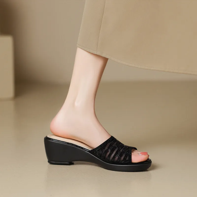 Mulinsen Stitching Embroidery Cut Out Rhinestone Abrasion Resistant Slide Slippers Women's-11