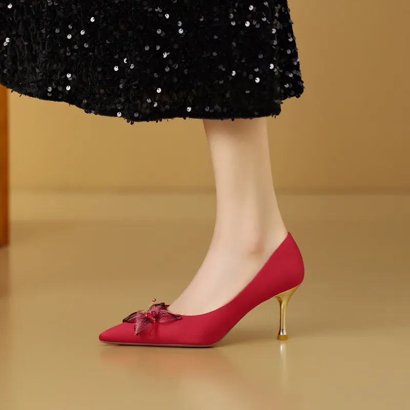 Mulinsen Slim Heel High Heels 7.3CM Women's Red-5