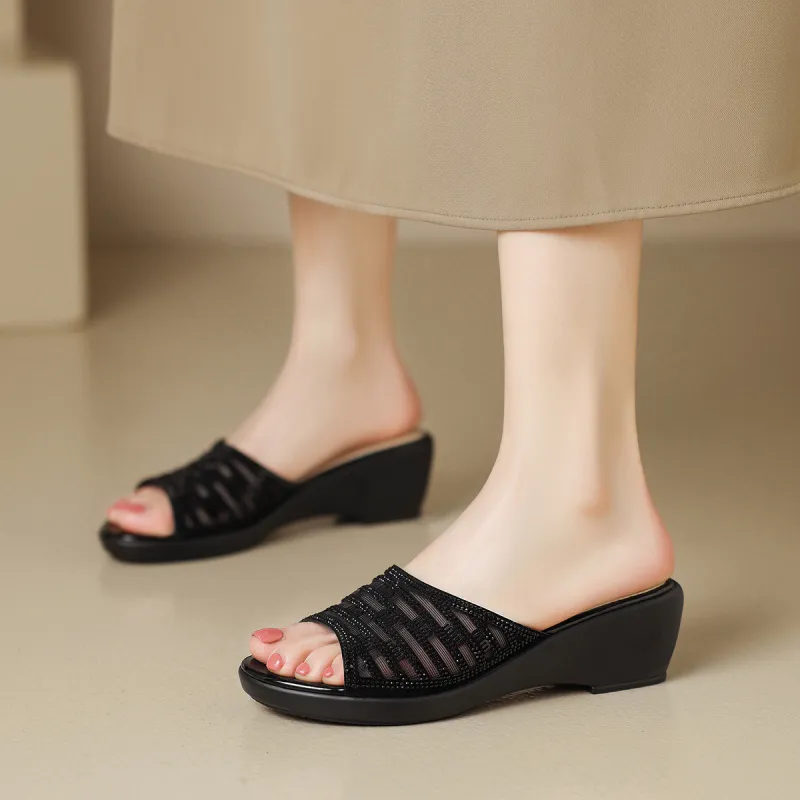 Mulinsen Stitching Embroidery Cut Out Rhinestone Abrasion Resistant Slide Slippers Women's-7