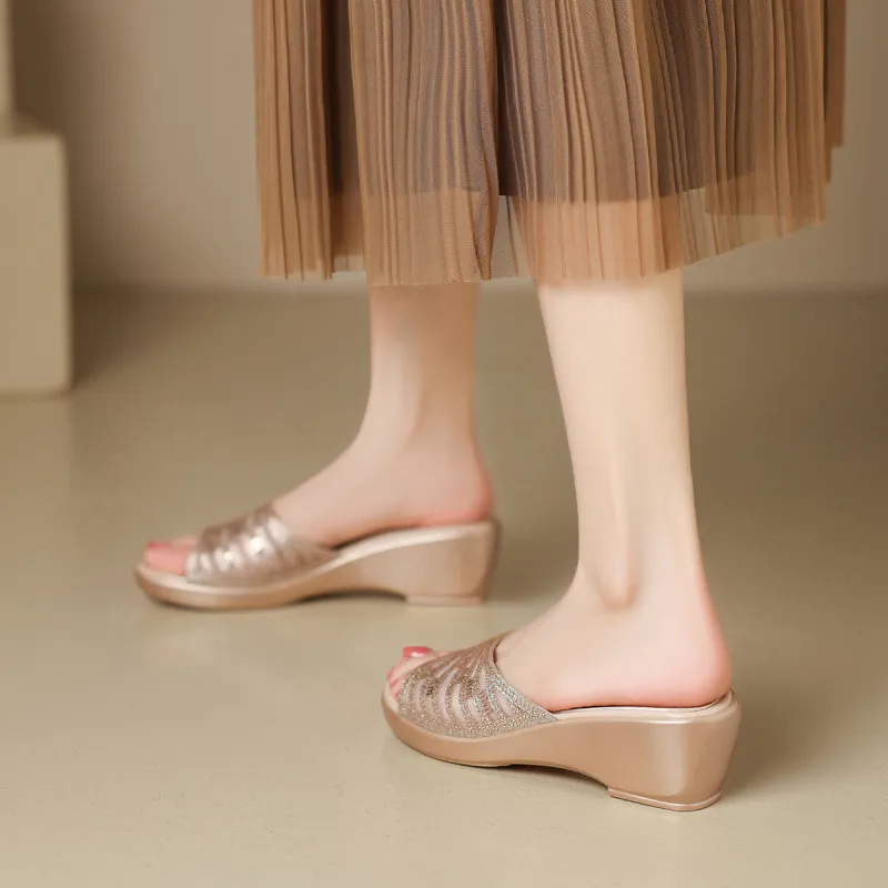 Mulinsen Stitching Embroidery Cut Out Rhinestone Abrasion Resistant Slide Slippers Women's-5